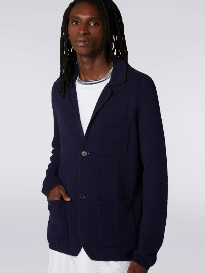 Men Cotton And Viscose Knit Blazer Dark Blue Missoni Coats and Jackets
