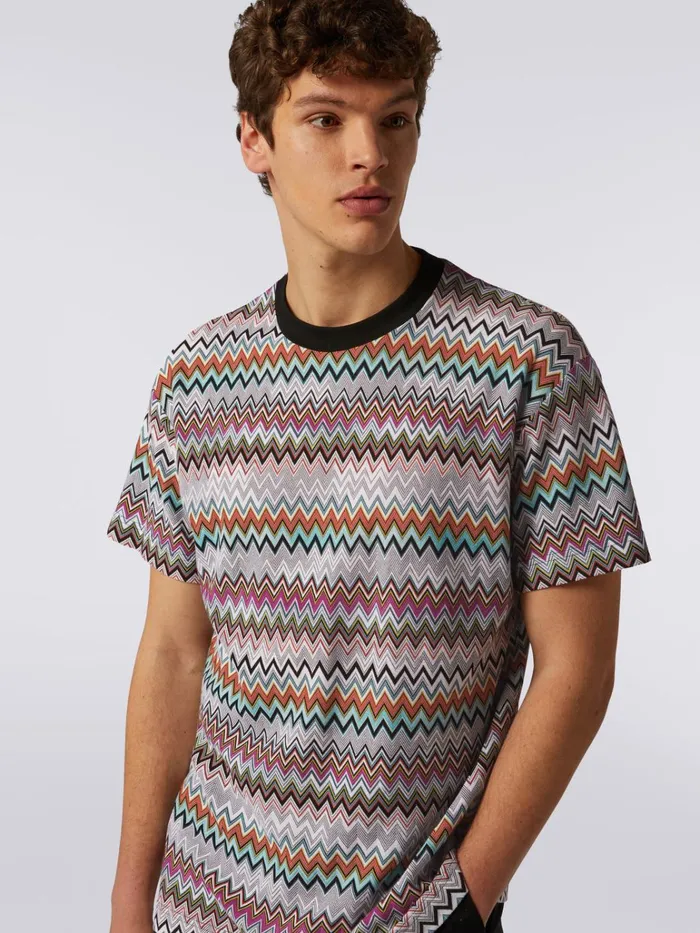 Men Cotton And Viscose Zigzag CrewNeck TShirt Multicoloured Missoni Polos and Tshirts