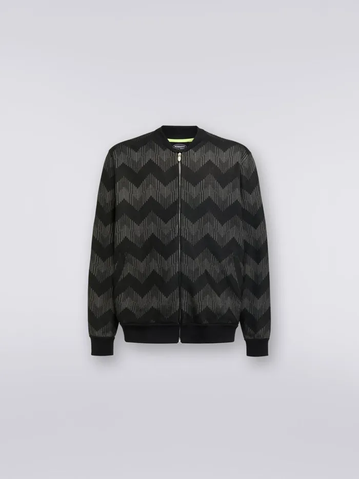 Men Cotton Blend Zigzag Bomber Jacket In Collaboration With Mike Maignan Black and White Missoni Coats and Jackets