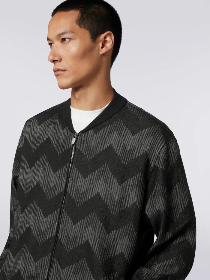 Men Cotton Blend Zigzag Bomber Jacket In Collaboration With Mike Maignan Black and White Missoni Coats and Jackets