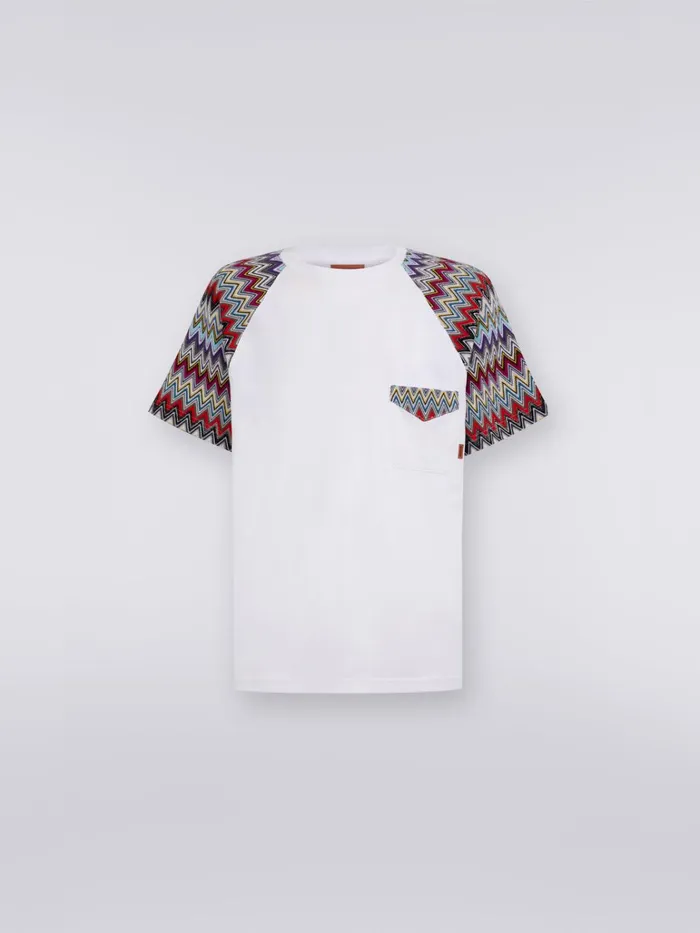Men Cotton CrewNeck TShirt With Knitted Inserts White Missoni Polos and Tshirts