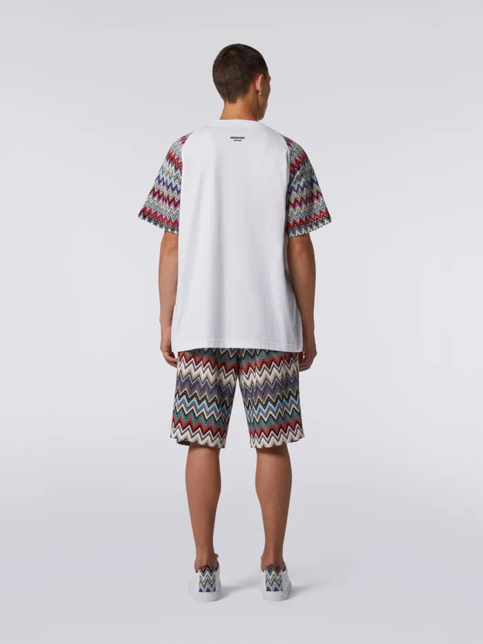 Men Cotton CrewNeck TShirt With Knitted Inserts White Missoni Polos and Tshirts