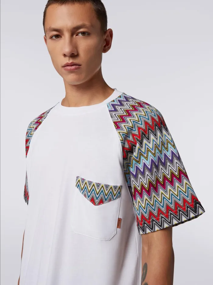 Men Cotton CrewNeck TShirt With Knitted Inserts White Missoni Polos and Tshirts