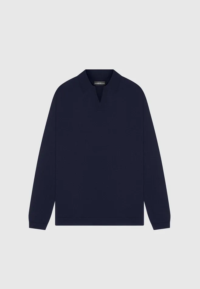 Men Manire De Voir Merino Wool Long Sleeve Revere Polo Shirt Navy