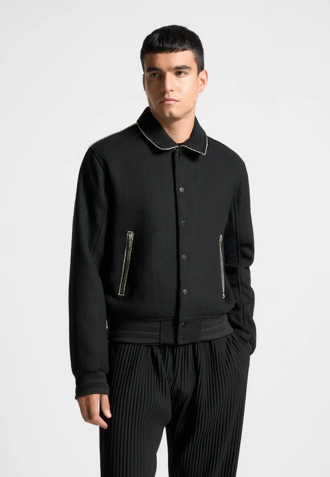 Men Manire De Voir Rhinestone Wool Blend Varsity Jacket Black