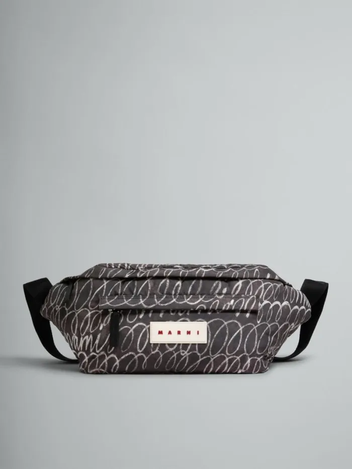 Men Marni Belt Bags Black Puff Belt Bag With Marni Scribble Print