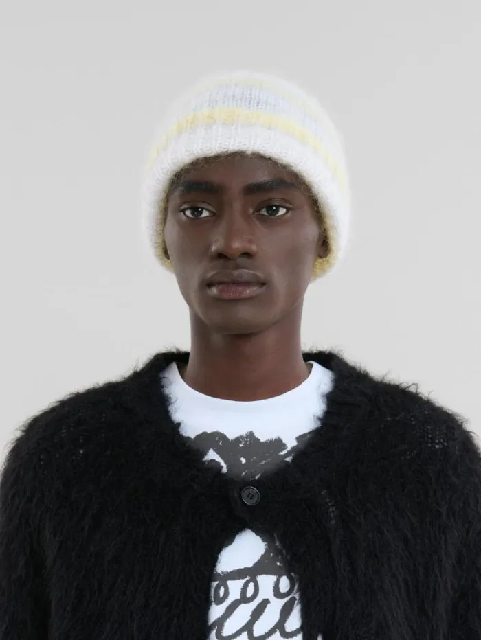 Men Marni Hats Grey Brushed Mohair Beanie With Stripes