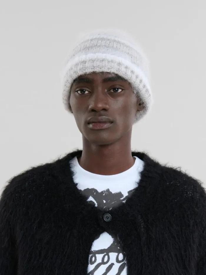 Men Marni Hats White Brushed Mohair Beanie With Stripes