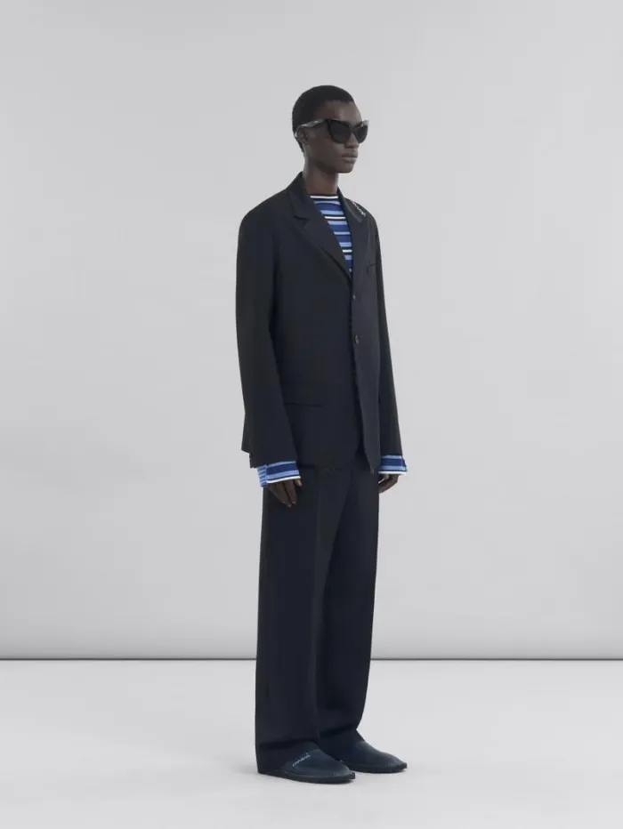 Men Marni Pants Black Wool Trousers With Contrasting Waistband