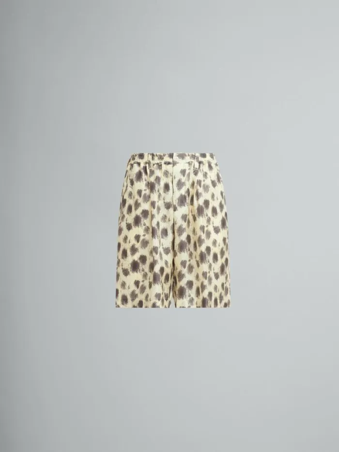 Men Marni Pants Light Yellow Silk Bermuda Shorts With Crayon Leopard Prints