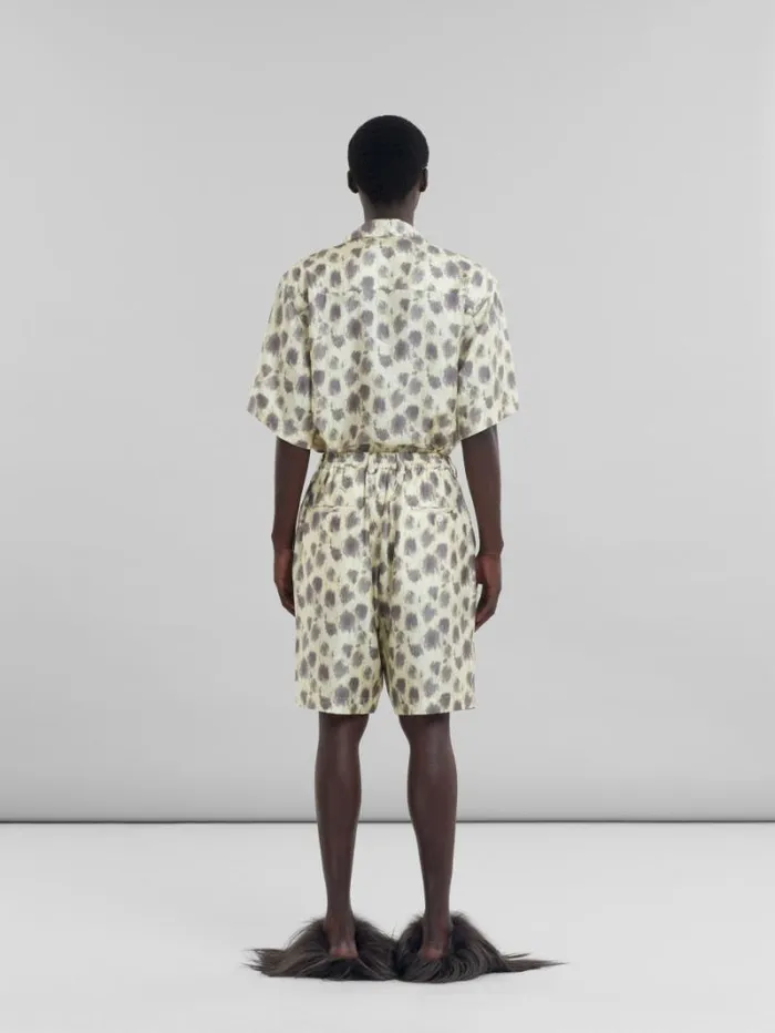 Men Marni Pants Light Yellow Silk Bermuda Shorts With Crayon Leopard Prints