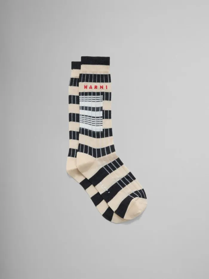Men Marni Socks Beige Ribbed Cotton Socks With Contrast Stripes