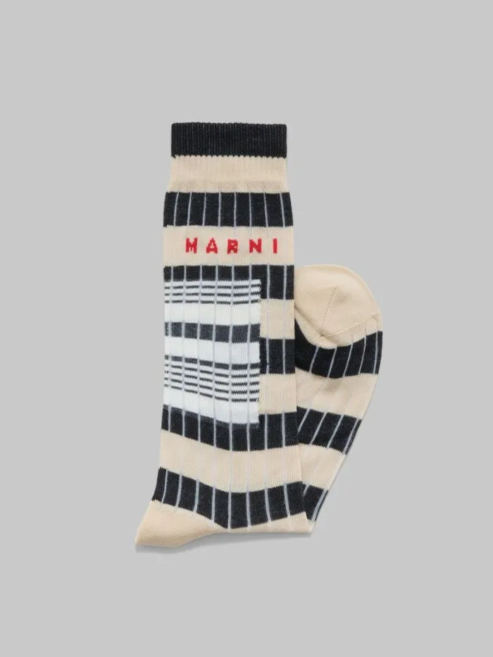 Men Marni Socks Beige Ribbed Cotton Socks With Contrast Stripes