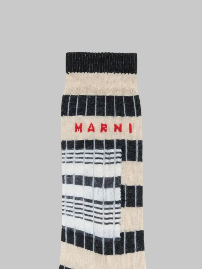 Men Marni Socks Beige Ribbed Cotton Socks With Contrast Stripes