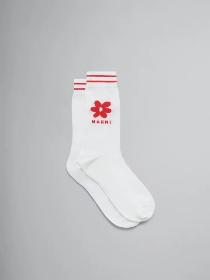 Men Marni Socks White Cotton Socks With Red Jacquard Flower Detail