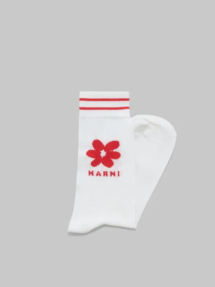 Men Marni Socks White Cotton Socks With Red Jacquard Flower Detail