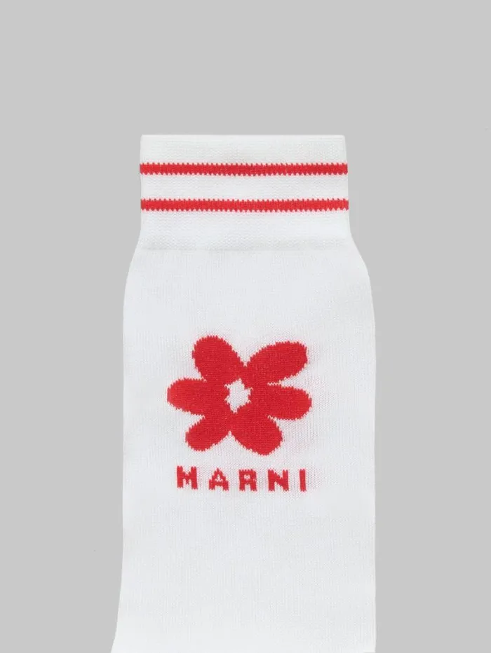 Men Marni Socks White Cotton Socks With Red Jacquard Flower Detail