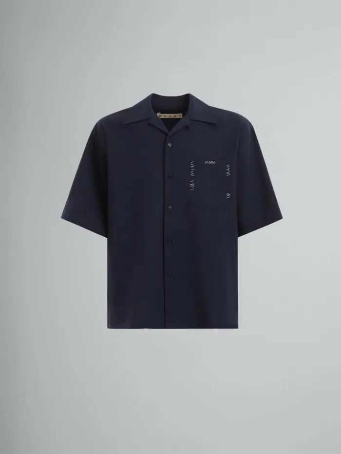 Men Marni Tops and Tshirts Deep Blue Tropical Wool Bowling Shirt With Marni Mending