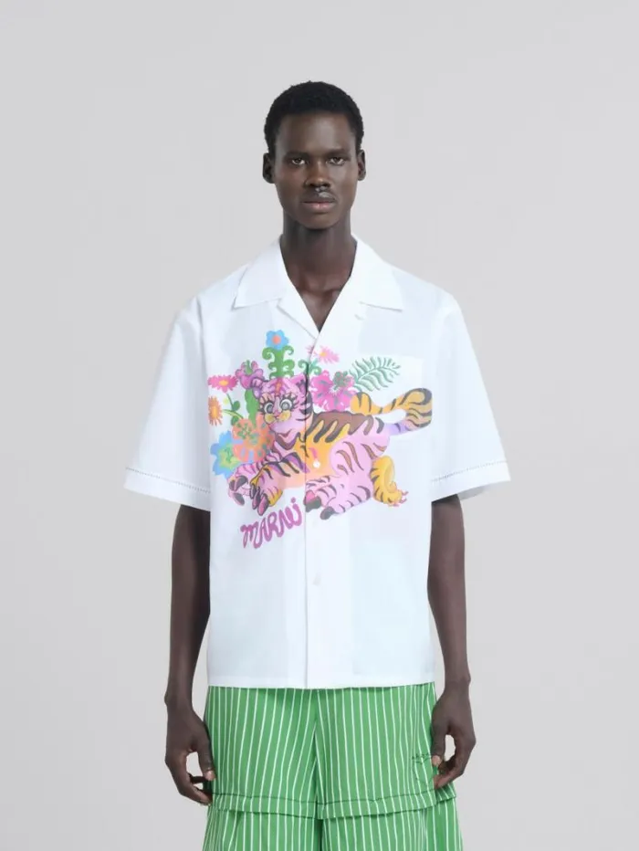 Men Marni Tops and Tshirts White Organic Poplin Bowling Shirt With Print