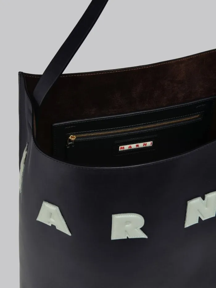 Men Marni Tote Bags Black And White Leather Museo Hobo Bag With Patches
