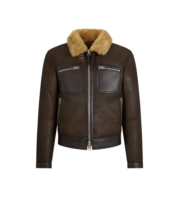 Men Outerwear Tom Ford Crackled Shearling Zip Blouson Brown