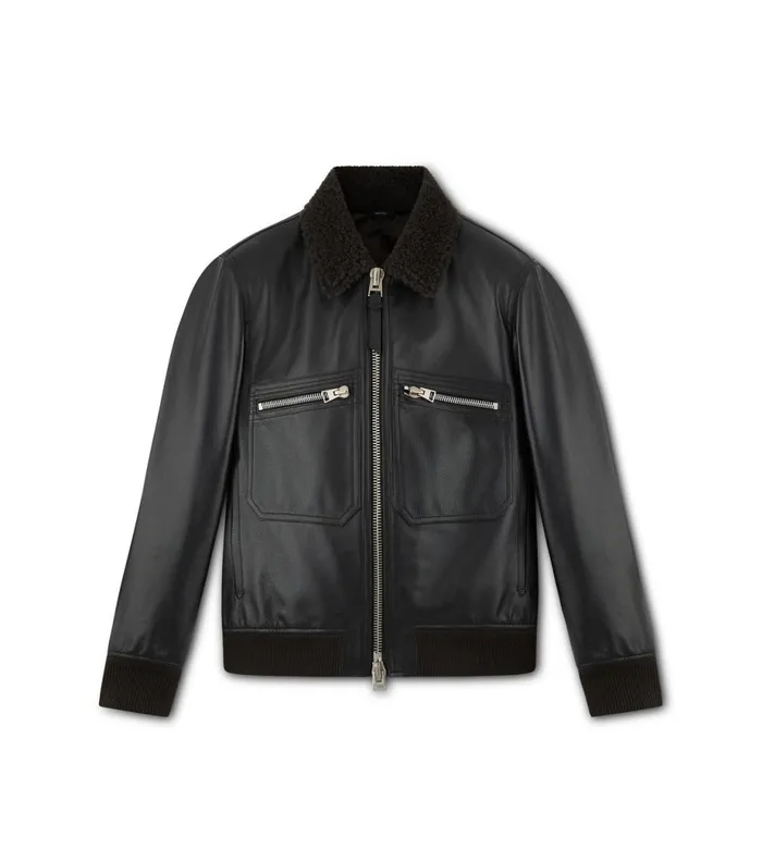 Men Outerwear Tom Ford Small Grain Shearling Collar Flight Bomber Black