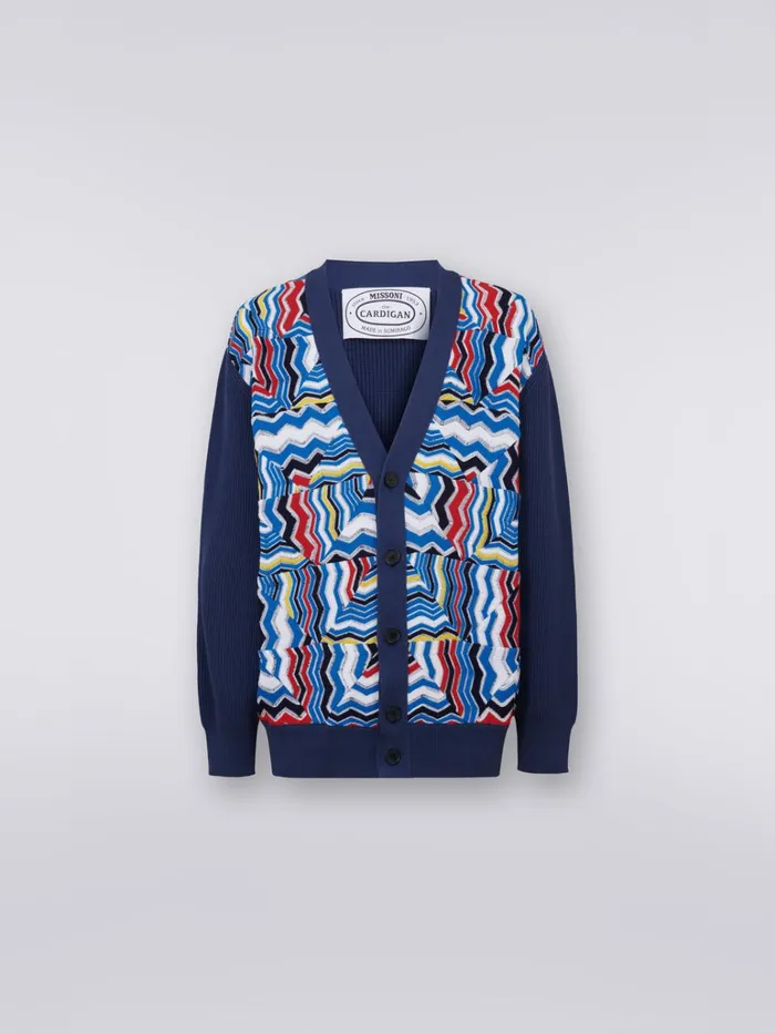 Men Oversized Viscose Blend Cardigan With Patchwork Inserts Blue Missoni Knitwear