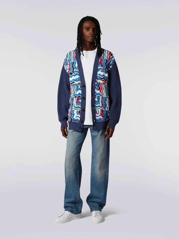Men Oversized Viscose Blend Cardigan With Patchwork Inserts Blue Missoni Knitwear