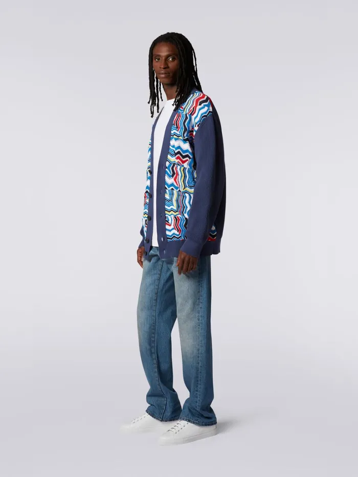 Men Oversized Viscose Blend Cardigan With Patchwork Inserts Blue Missoni Knitwear