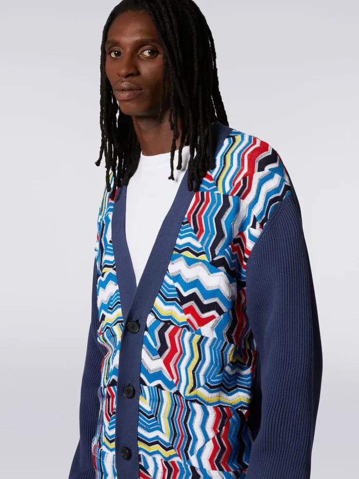 Men Oversized Viscose Blend Cardigan With Patchwork Inserts Blue Missoni Knitwear