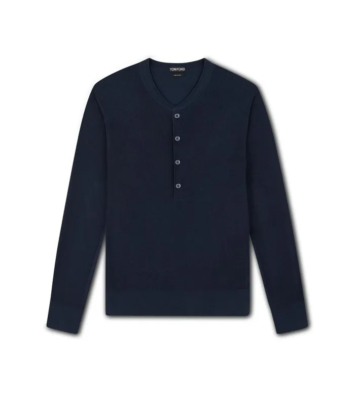 Men Shirts Tom Ford Silk Cotton Rib Henley Dark Blue