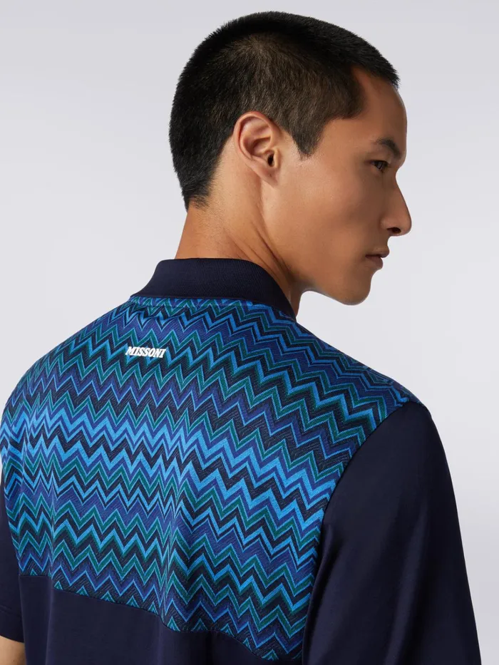 Men ShortSleeved Cotton Jersey Polo Shirt With Zigzag Inserts Blue Missoni Polos and Tshirts Men ShortSleeved Cotton Jersey Polo Shirt With Zigzag Inserts Blue Missoni Polos and Tshirts