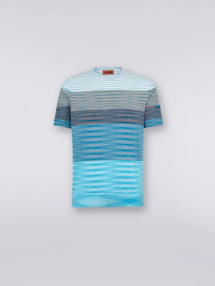 Men ShortSleeved CrewNeck TShirt In Cotton Knit With Dgrad Stripes White and Sky Blue Missoni Polos and Tshirts Men ShortSleeved CrewNeck TShirt In Cotton Knit With Dgrad Stripes White and Sky Blue Missoni Polos and Tshirts