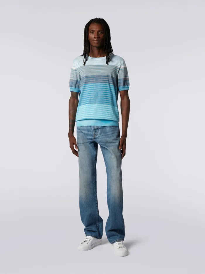 Men ShortSleeved CrewNeck TShirt In Cotton Knit With Dgrad Stripes White and Sky Blue Missoni Polos and Tshirts