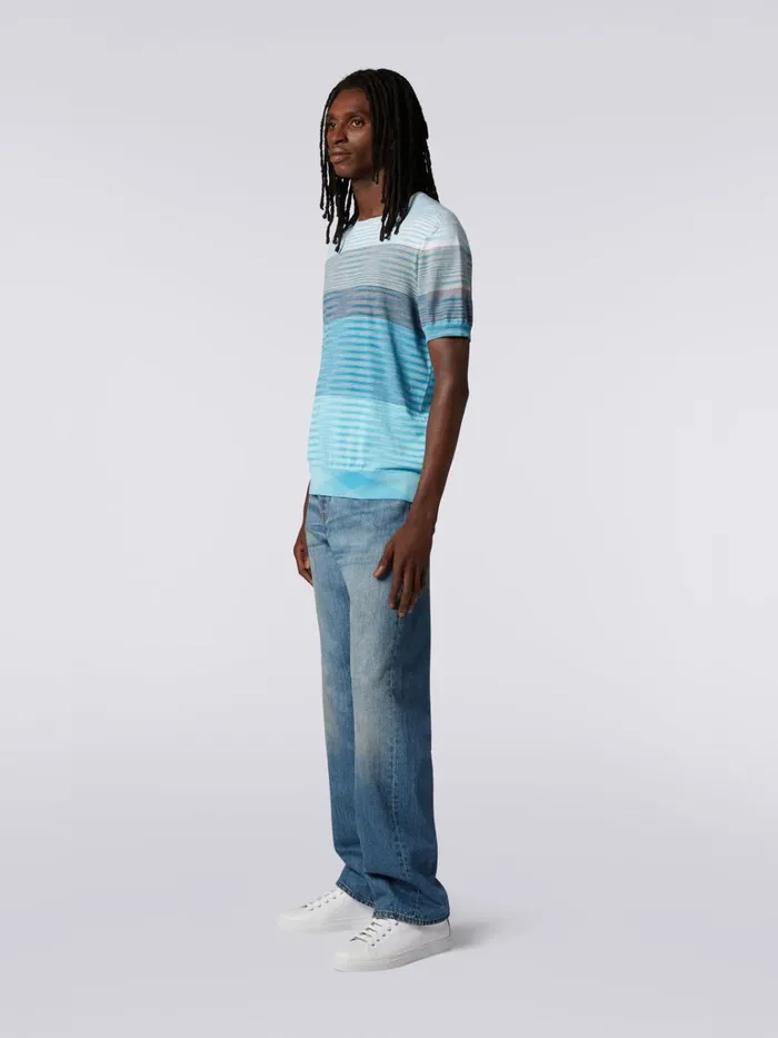 Men ShortSleeved CrewNeck TShirt In Cotton Knit With Dgrad Stripes White and Sky Blue Missoni Polos and Tshirts