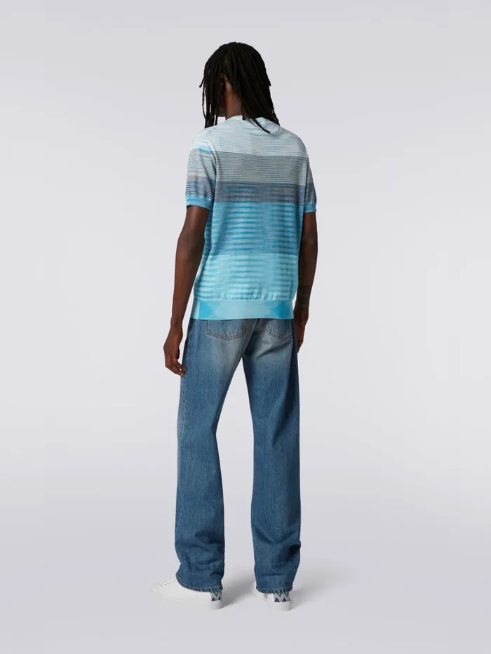Men ShortSleeved CrewNeck TShirt In Cotton Knit With Dgrad Stripes White and Sky Blue Missoni Polos and Tshirts