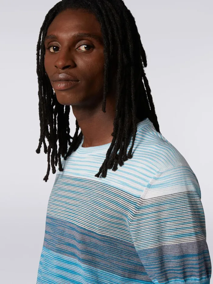 Men ShortSleeved CrewNeck TShirt In Cotton Knit With Dgrad Stripes White and Sky Blue Missoni Polos and Tshirts