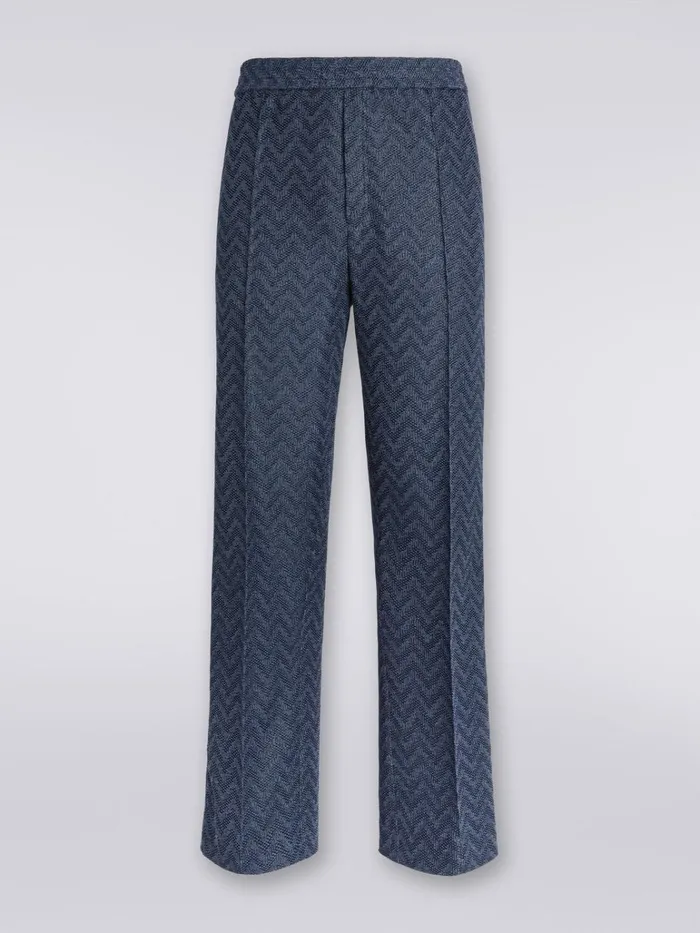 Men Straight Cotton Knit Chevron Trousers Blue Missoni Trousers