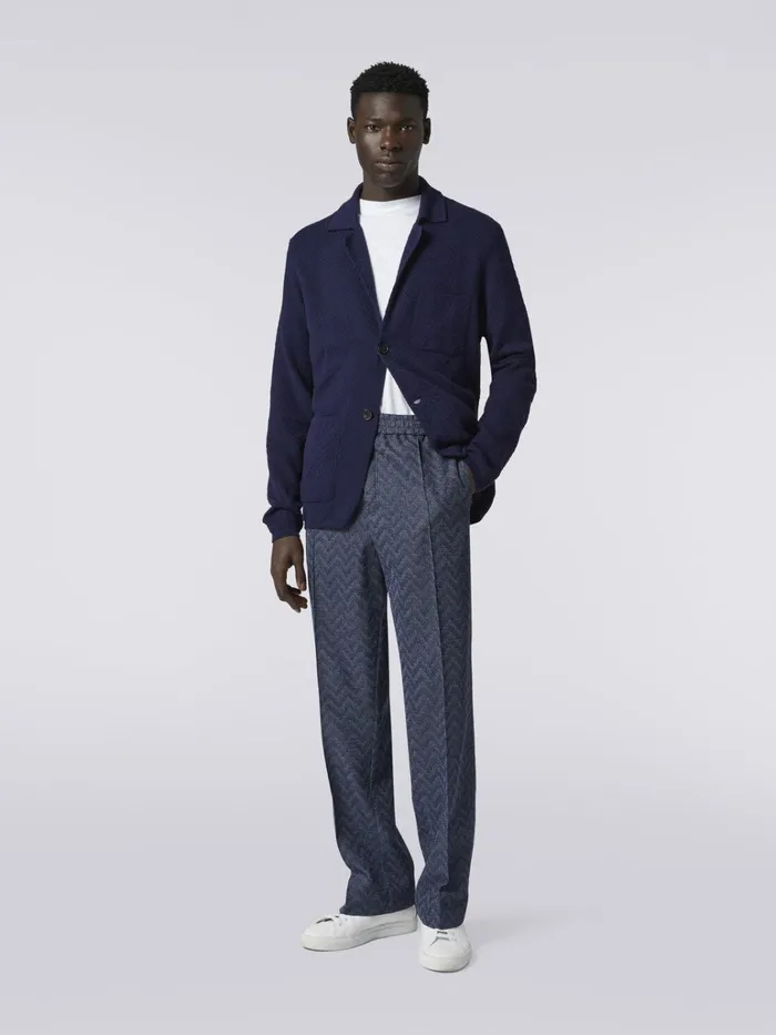 Men Straight Cotton Knit Chevron Trousers Blue Missoni Trousers Men Straight Cotton Knit Chevron Trousers Blue Missoni Trousers
