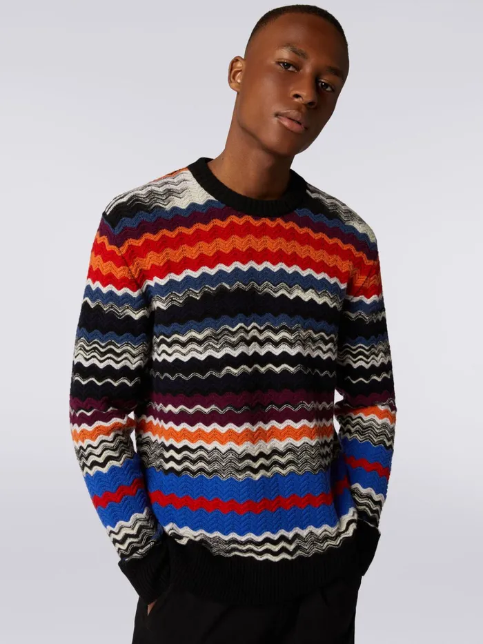 Men Wool Blend CrewNeck Chevron Pullover Multicoloured Missoni Knitwear Men Wool Blend CrewNeck Chevron Pullover Multicoloured Missoni Knitwear