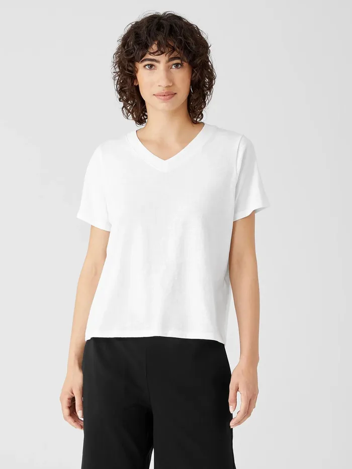 Organic Cotton Slub VNeck Tee White Women Eileen Fisher Tops and Tees