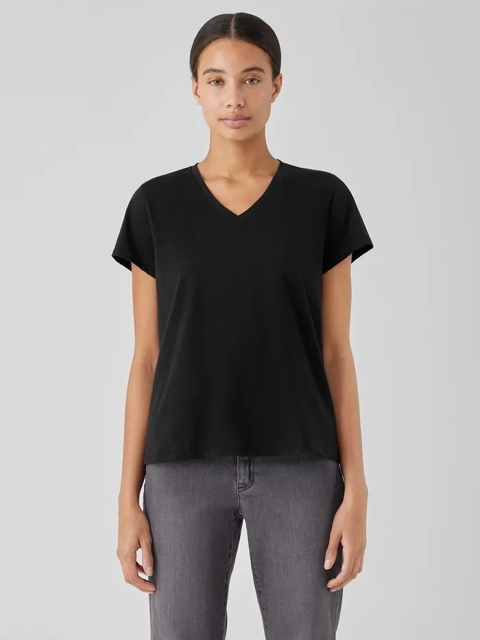 Organic Pima Cotton Jersey VNeck Tee Black Women Eileen Fisher Tops and Tees