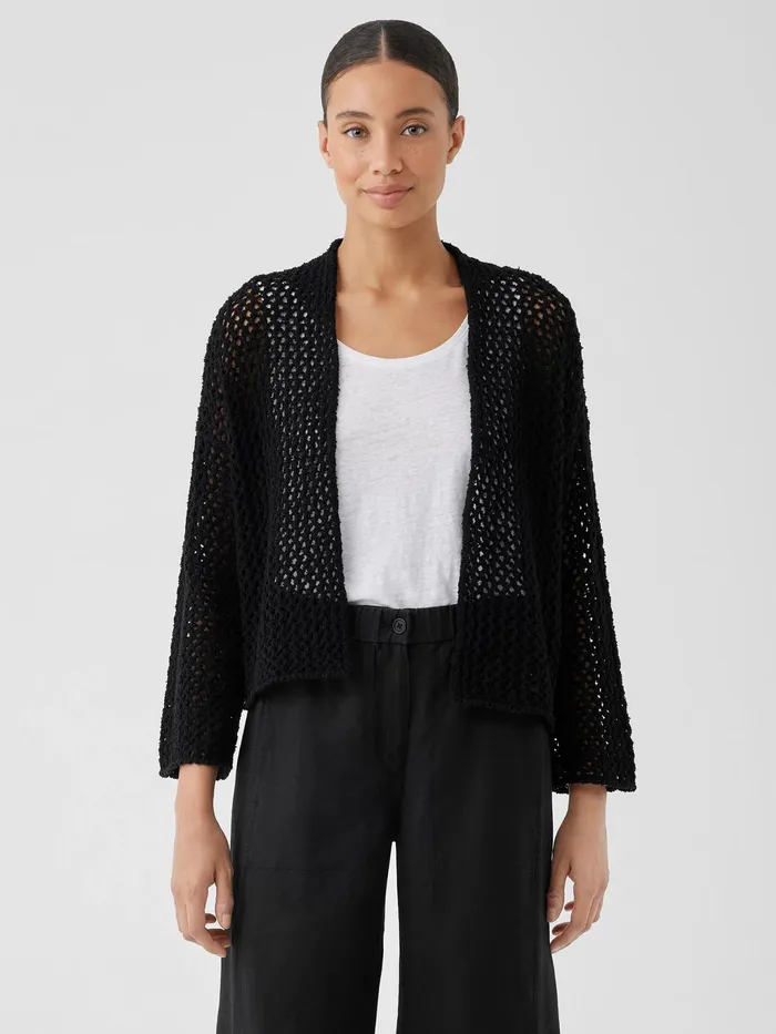 Peruvian Organic Cotton BoucleHigh Collar Cardigan Black Women Eileen Fisher Sweaters and Cardigans Peruvian Organic Cotton BoucleHigh Collar Cardigan Black Women Eileen Fisher Sweaters and Cardigans