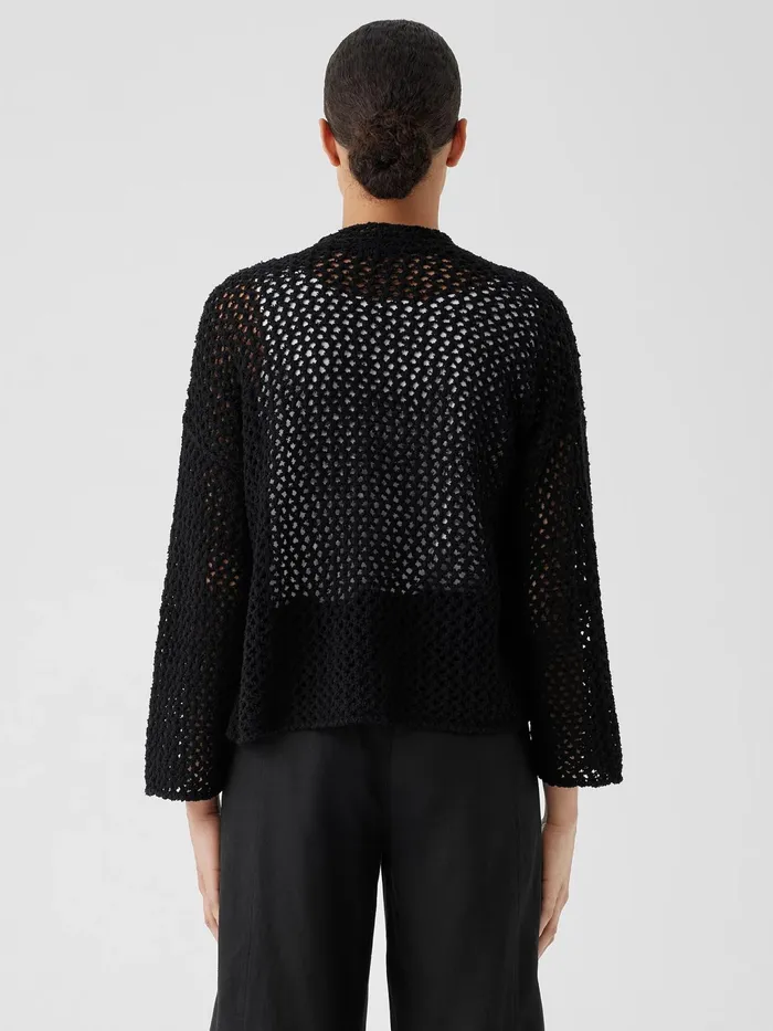 Peruvian Organic Cotton BoucleHigh Collar Cardigan Black Women Eileen Fisher Sweaters and Cardigans
