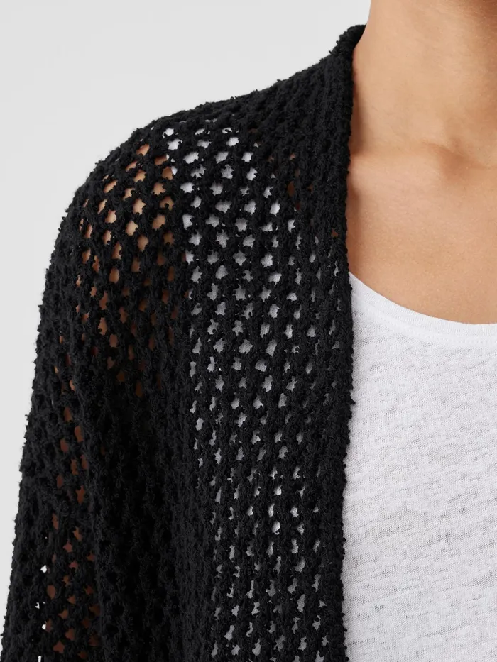 Peruvian Organic Cotton BoucleHigh Collar Cardigan Black Women Eileen Fisher Sweaters and Cardigans