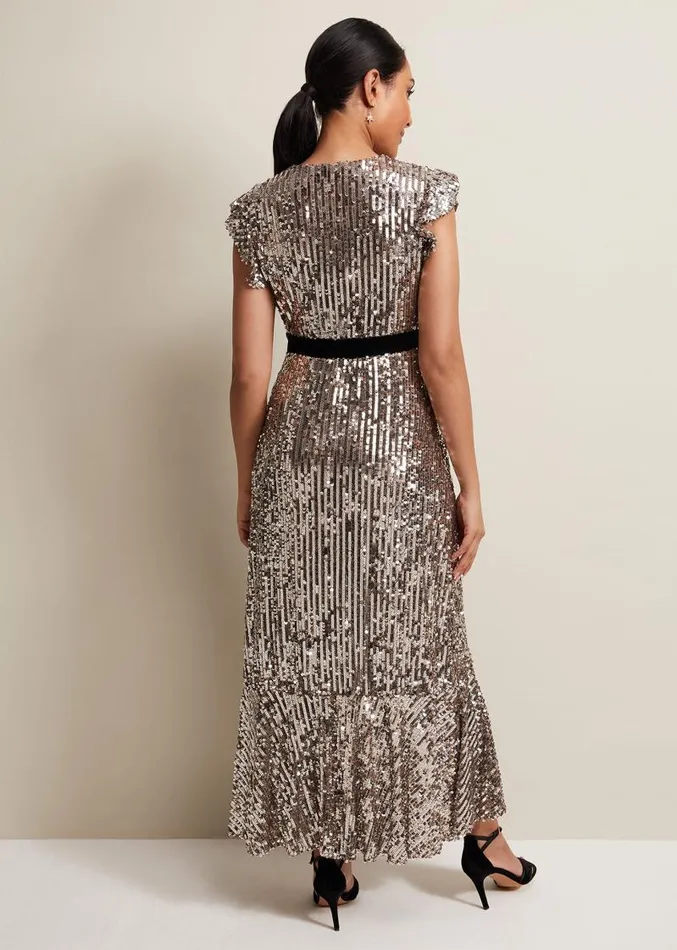 Petite Enja Sequin Maxi Dress Gold Women Phase Eight Dresses