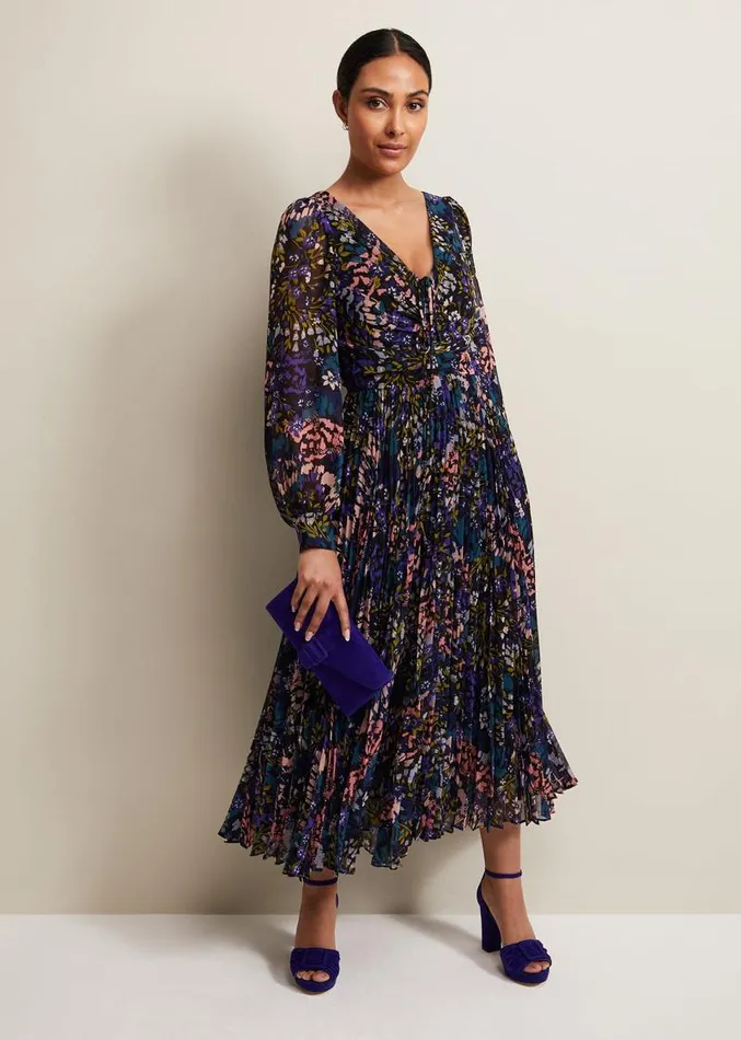 Petite Kindra Floral Pleated Midi Dress Multicoloured Women Phase Eight Dresses