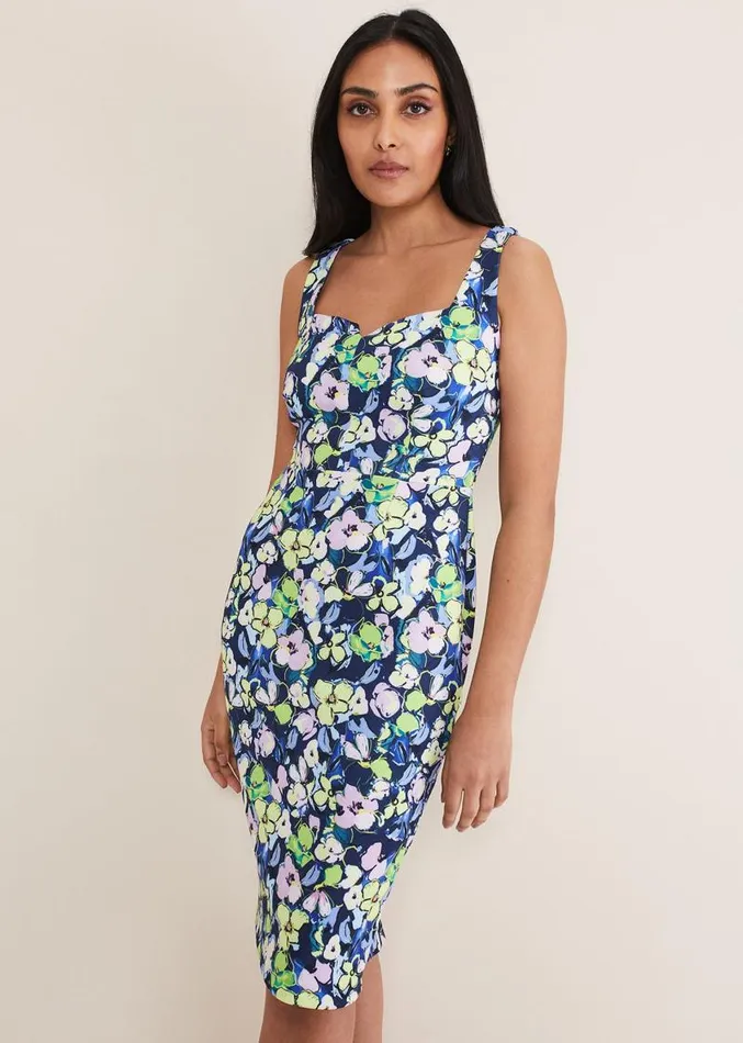 Petite Loretta Printed Scuba Dress French Navy Multi Women Phase Eight Dresses