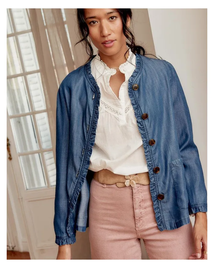 Polin Et Moi Hunter Ruffled Lomena Denim Women Blazer And Jackets
