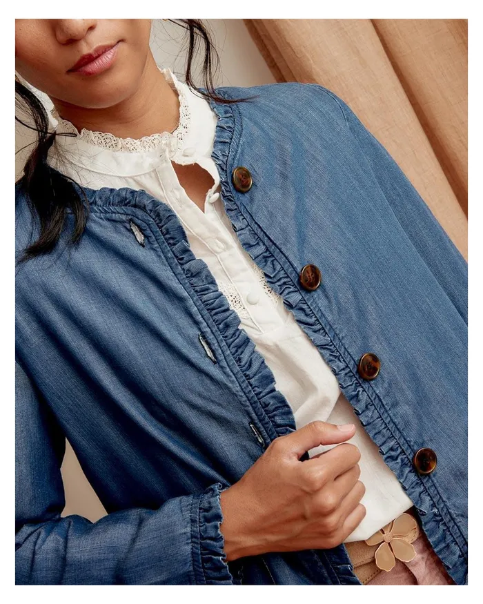 Polin Et Moi Hunter Ruffled Lomena Denim Women Blazer And Jackets Polin Et Moi Hunter Ruffled Lomena Denim Women Blazer And Jackets